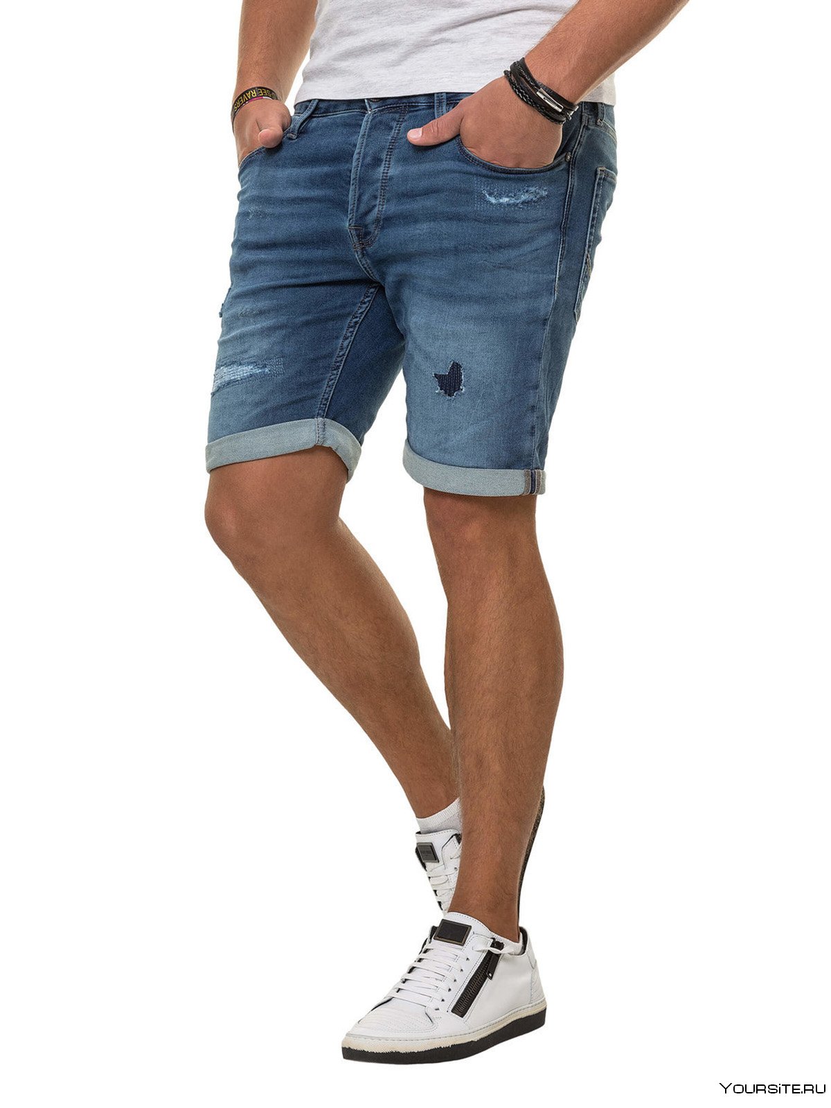 Джинсовые шорты мужские с подворотом - 47 фото