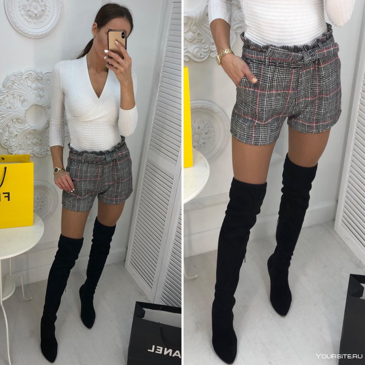 Клетчатые шорты с колготками