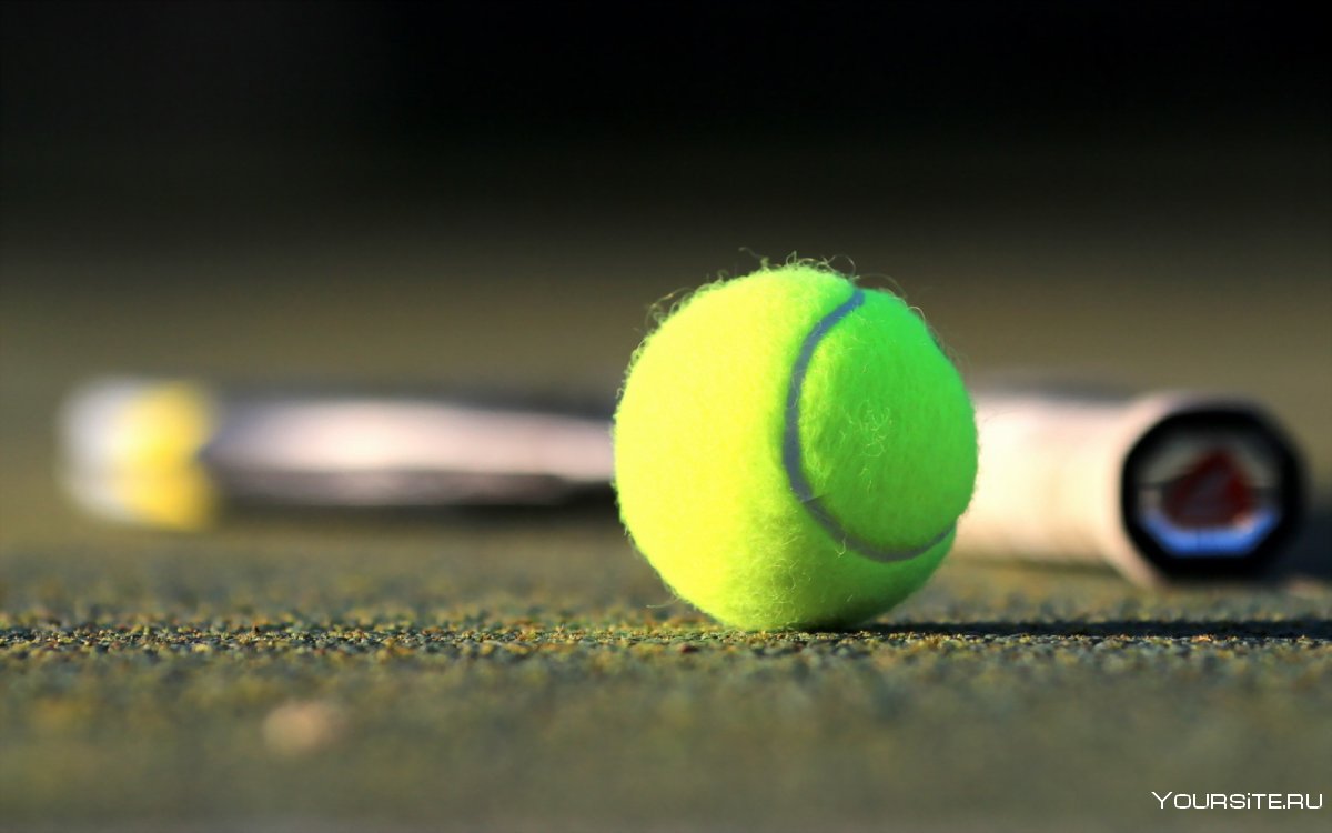 Теннисный мяч на зеленом корте
