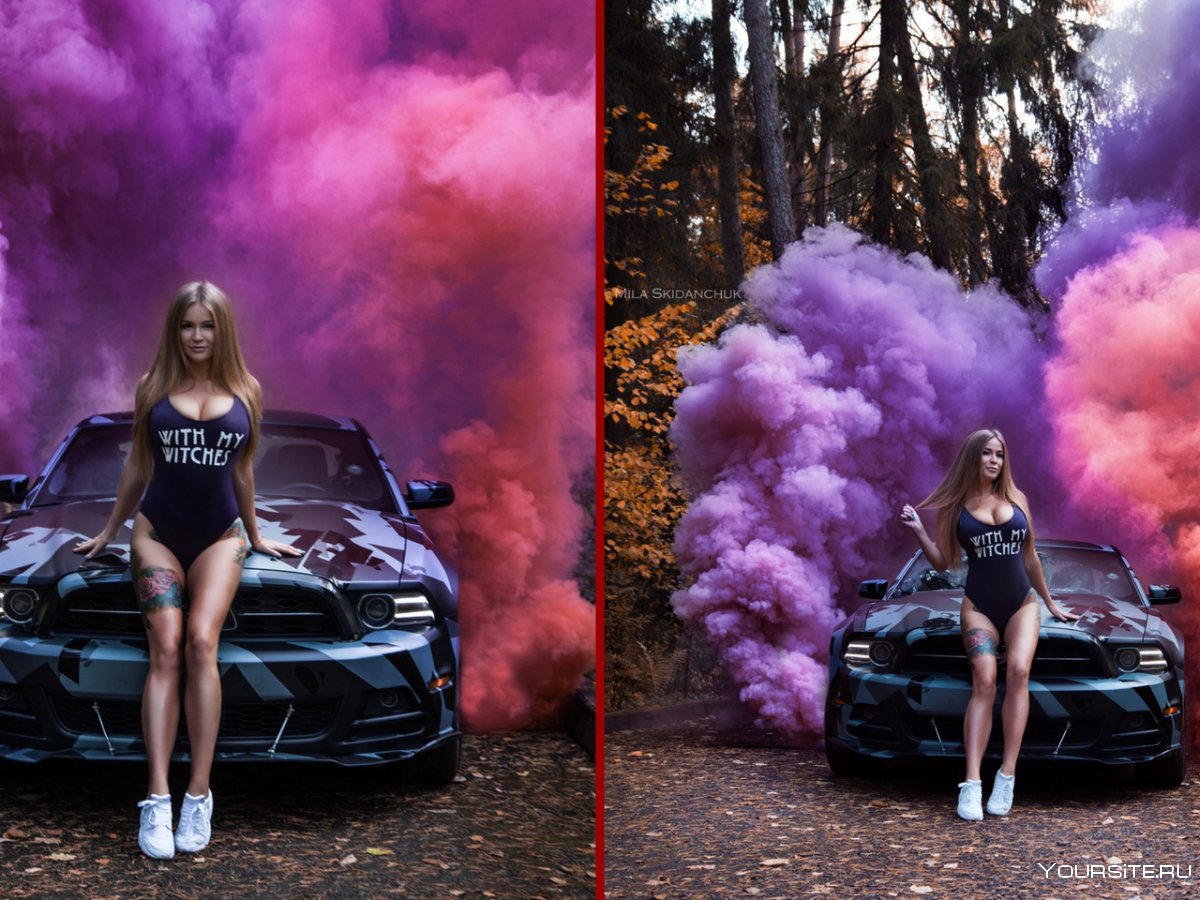 Фотосессия с цветным дымом и машиной