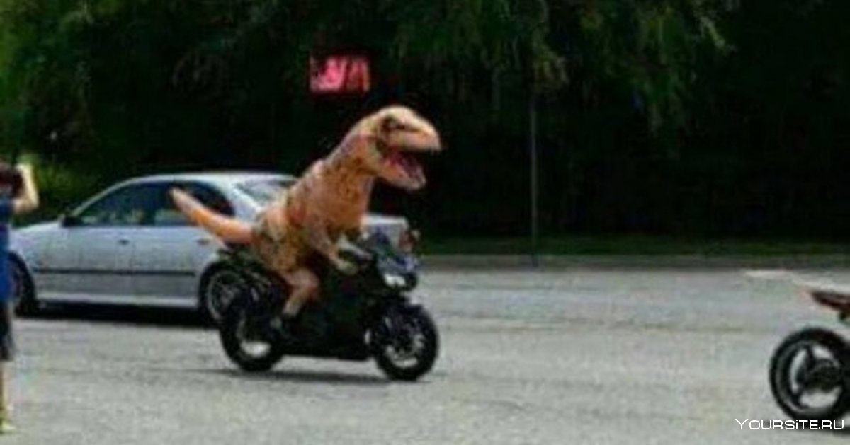Мотоциклист в костюме динозавра