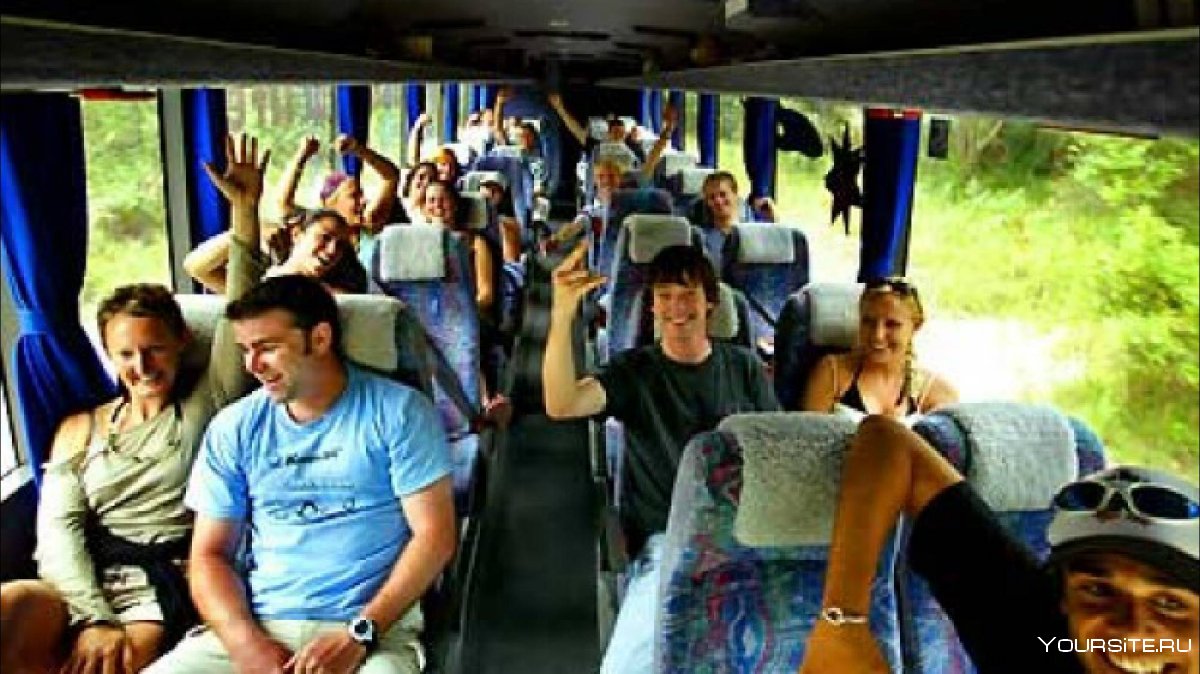 Веселые туристы в автобусе
