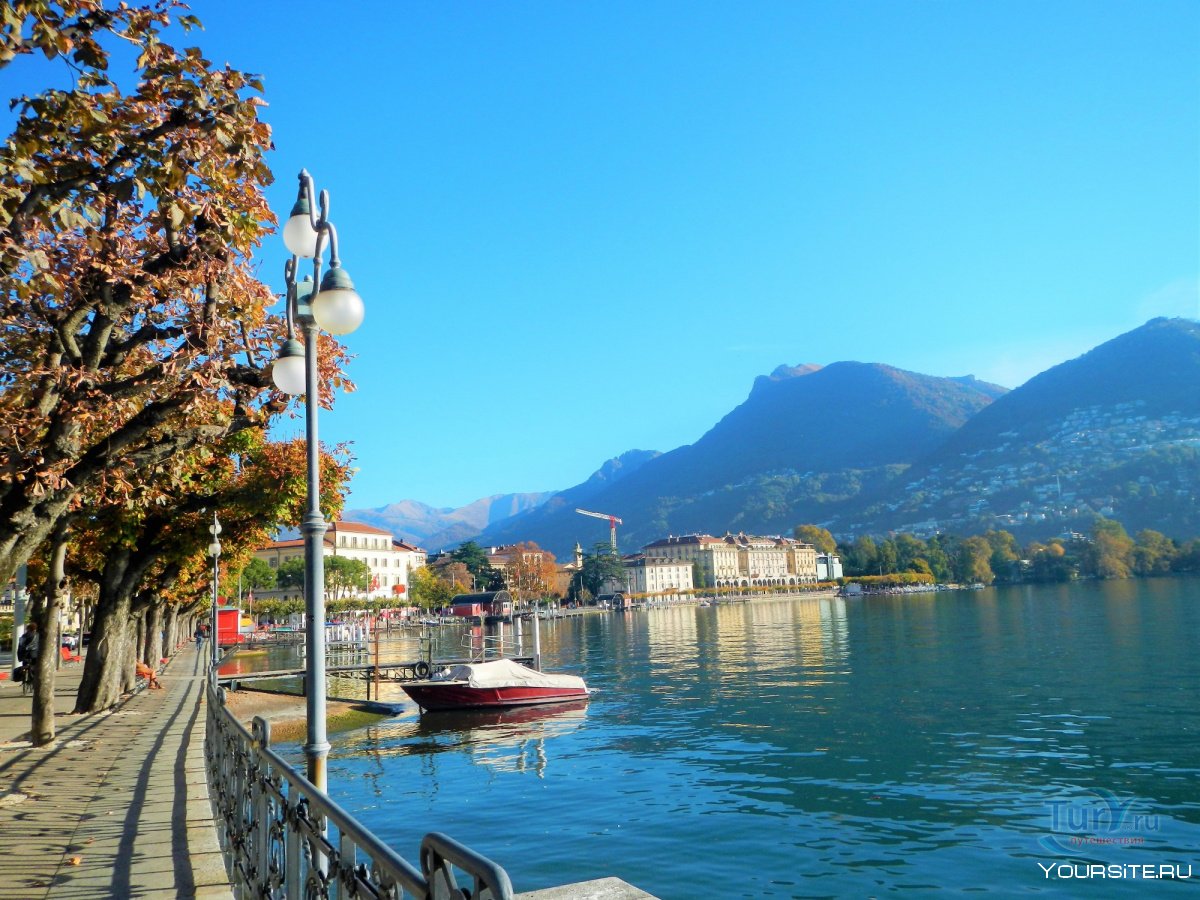 Озеро набережная Лугано в Швейцарии