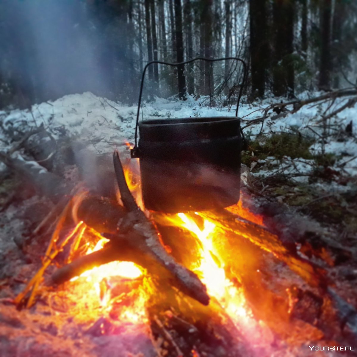 Завтрак в лесу зимой у костра