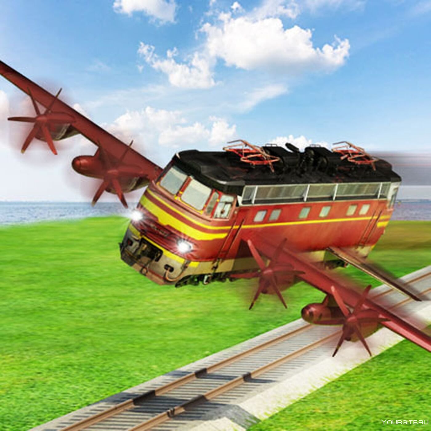 Самолетом поездом. Летающий поезд. Летающий паровоз. Поезд летит. Поезд с крыльями.