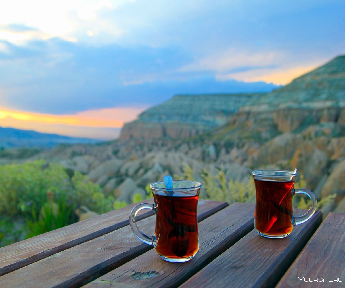Кружка чая на фоне гор Кавказа
