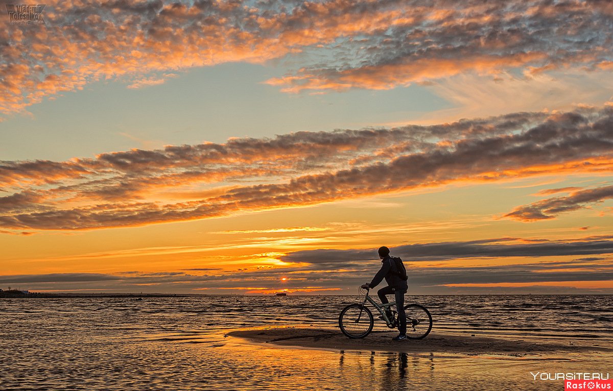 Велосипедисты на фоне заходящего солнца у моря