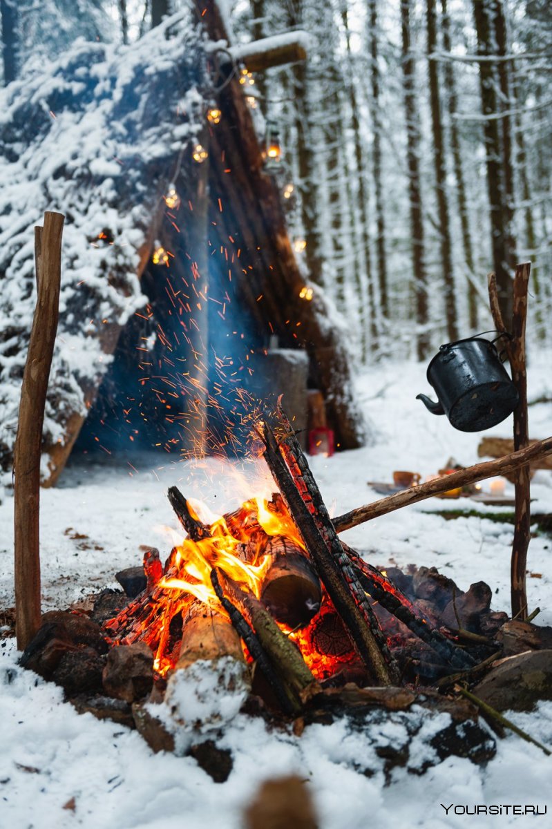 Фотосессия зимой с костром в лесу
