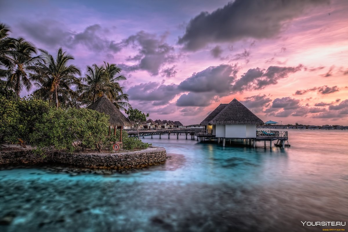 Океан Мальдивы закат бунгало