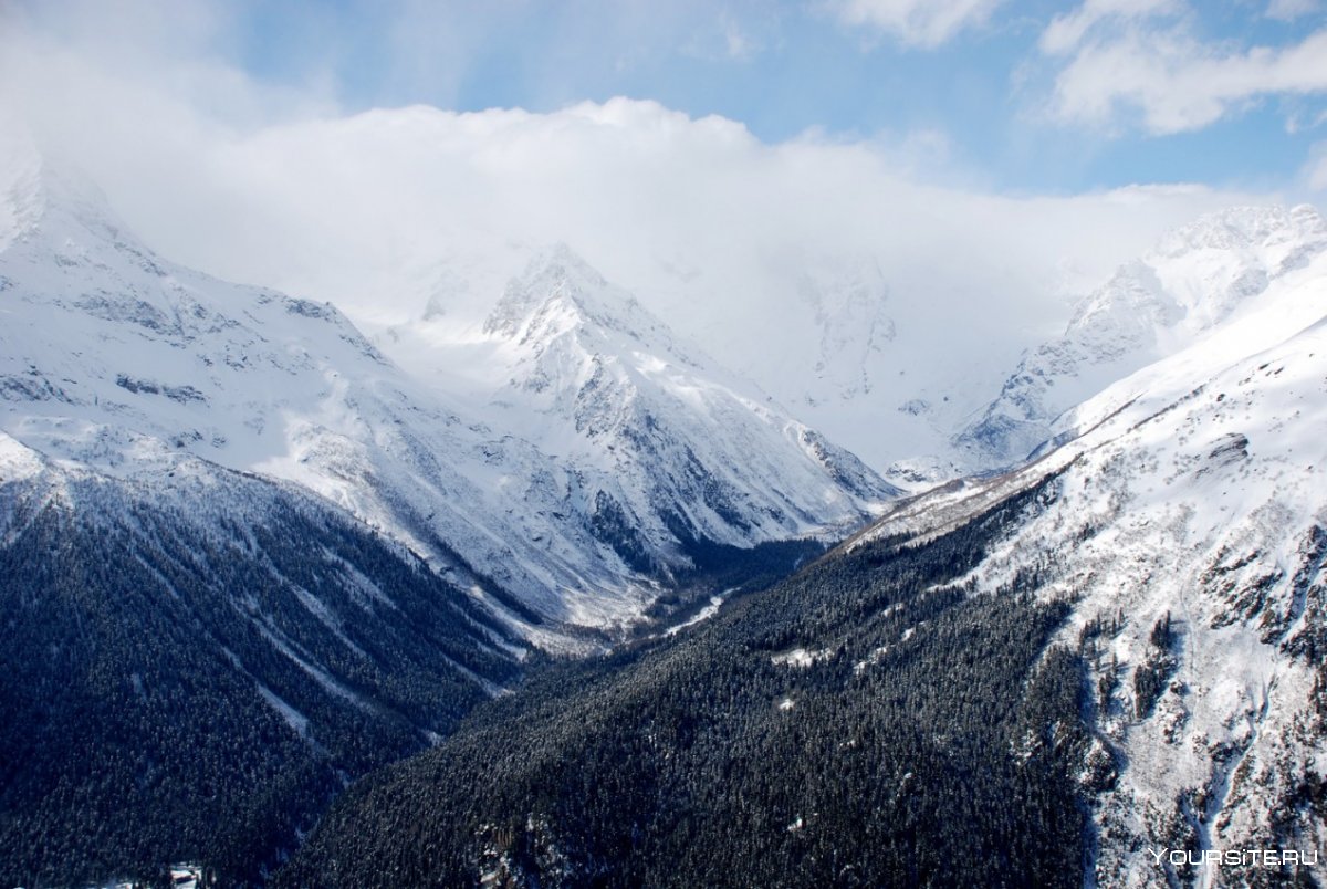 Вид с Эльбруса на главный кавказский хребет с названиями вершин