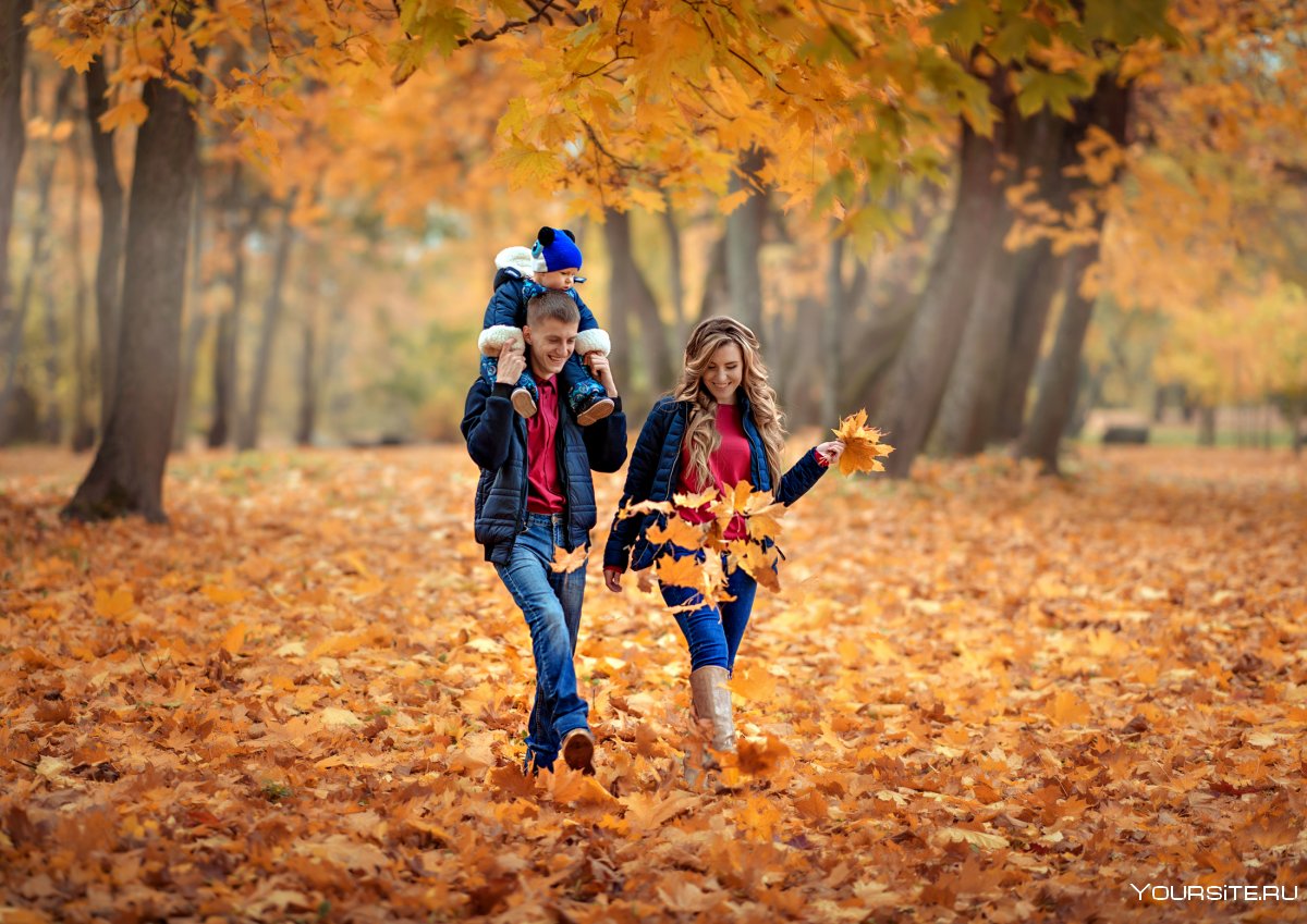 Девочка с папой гуляют по осеннему лесу