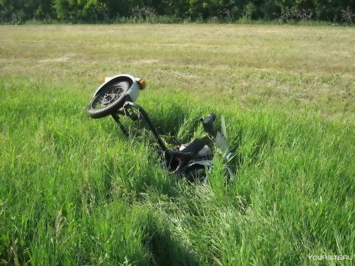 Мотоцикл перевернутый в лесу