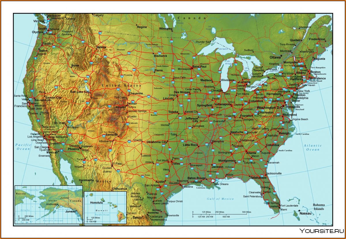Физическая карта Соединенных Штатов Америки