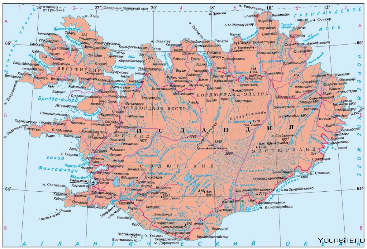 Остров Исландия на физической карте