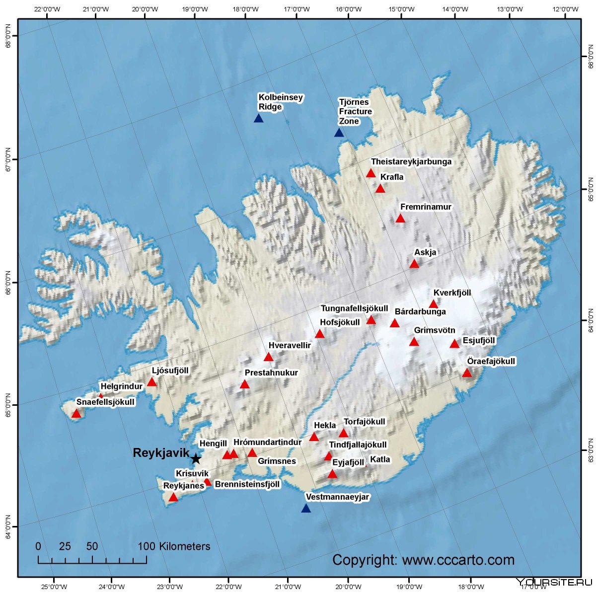Вулкан Гекла на карте Исландии