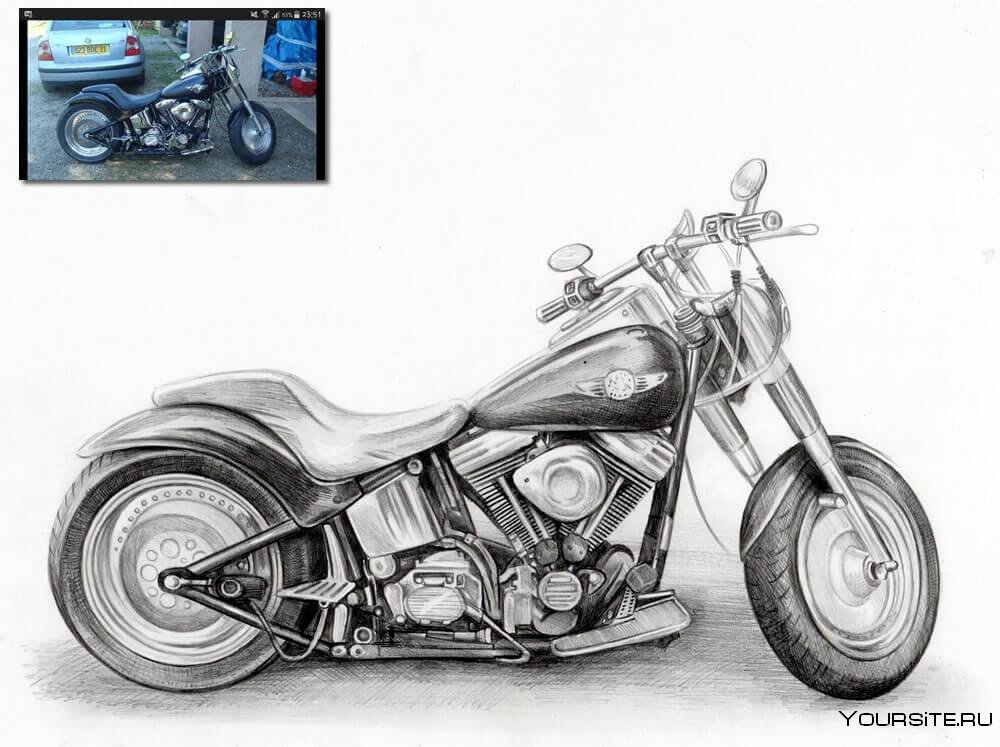 Рисунок мотоцикла цветными карандашами