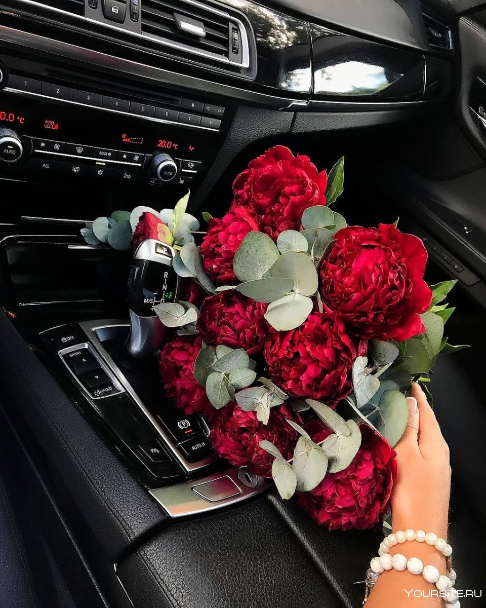 Букет цветов в машине на сиденье фото
