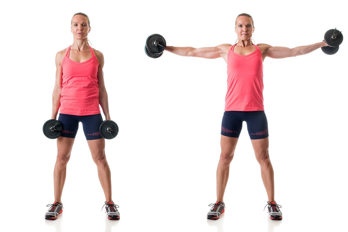 Подъем гантелей через стороны