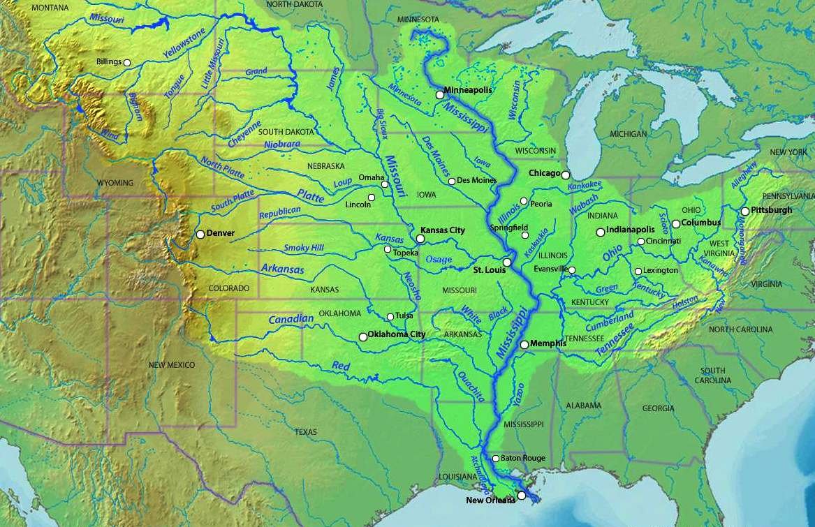 Бассейн реки Миссисипи на карте Северной Америки