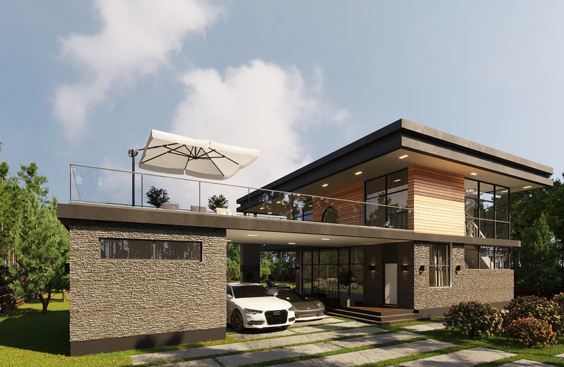 Коттедж с навесом для машины