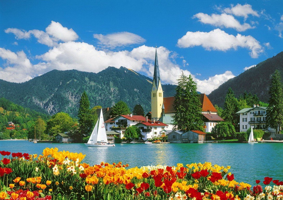 Германия Бавария озеро Вайсензее дорога Церковь