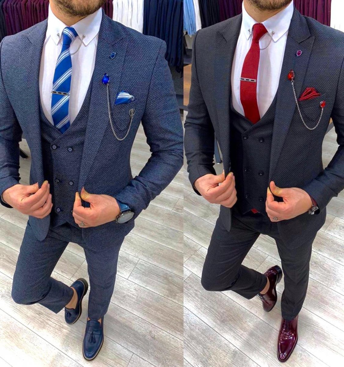 Серый костюм тройка с черной рубашкой