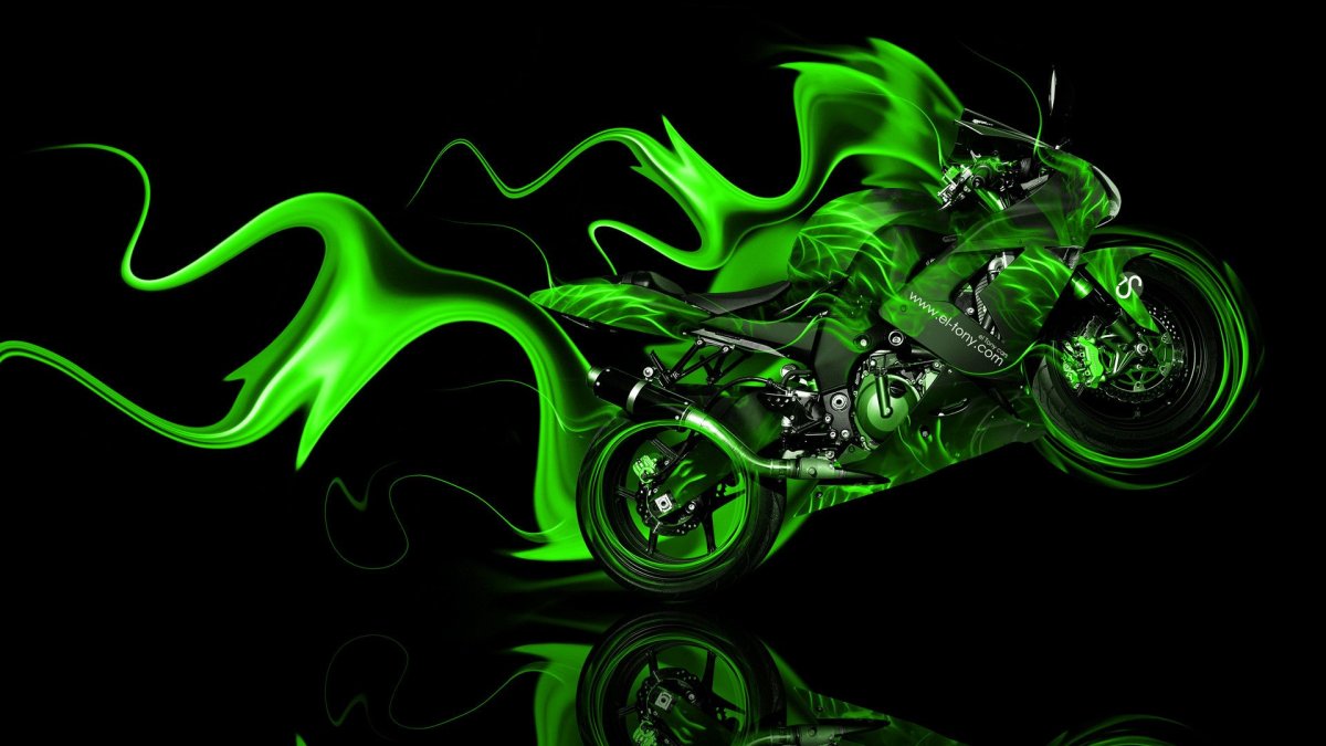 Огонь на зеленом мотоцикле