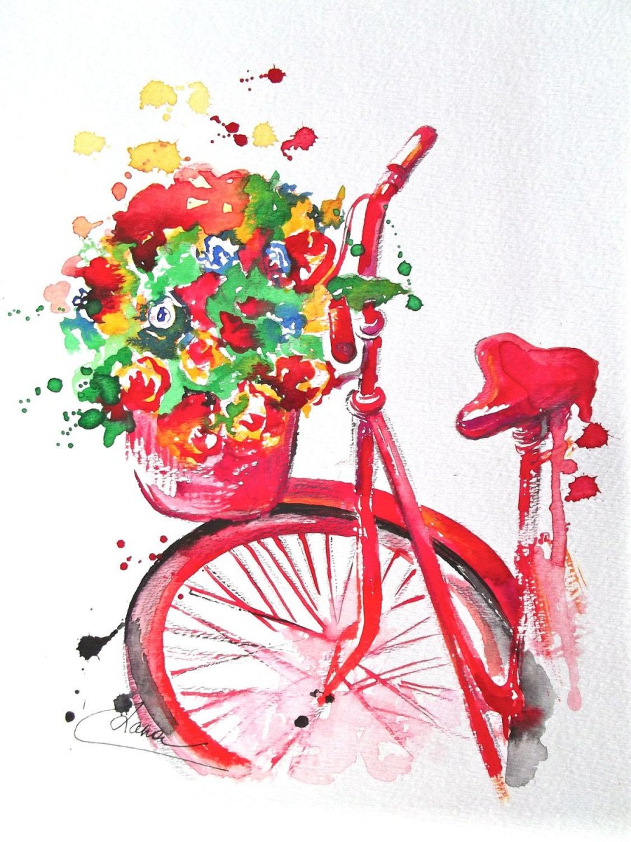 Велосипед с цветами акварель