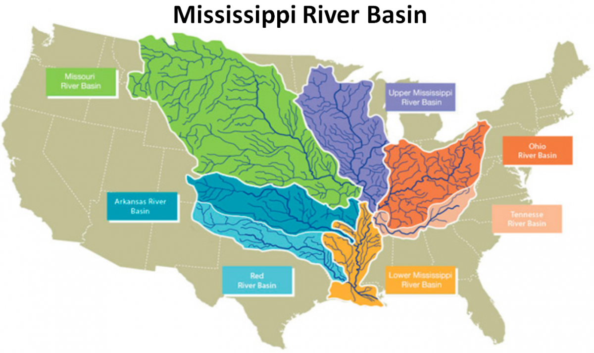Река Миссисипи с Миссури на карте