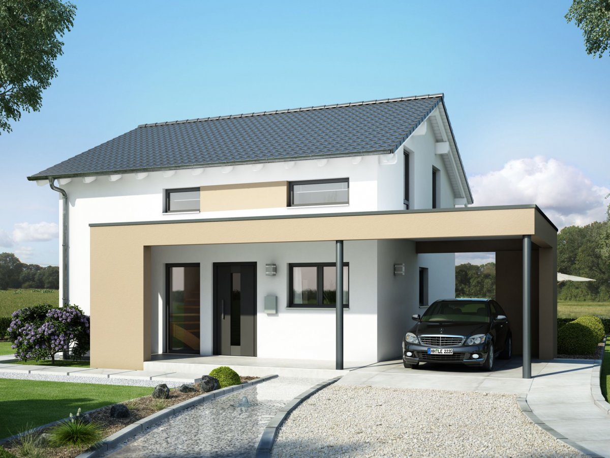 Дом с навесом для машины и террасой