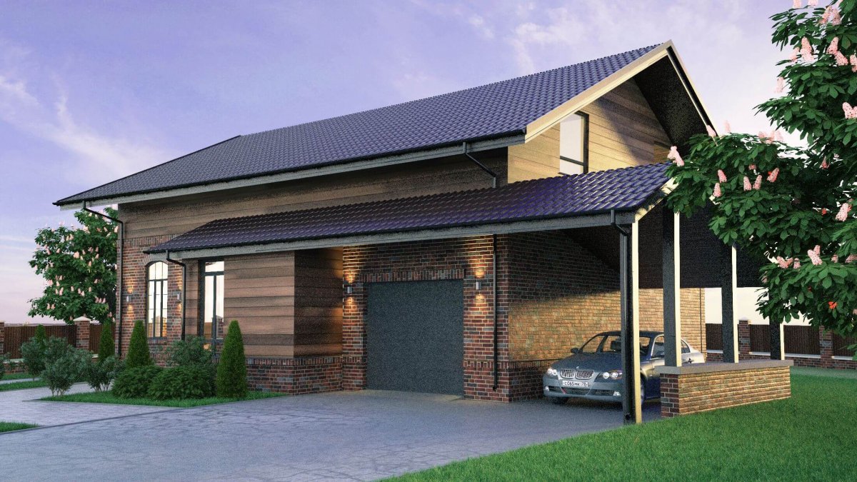 Двухэтажный дом с навесом для машины