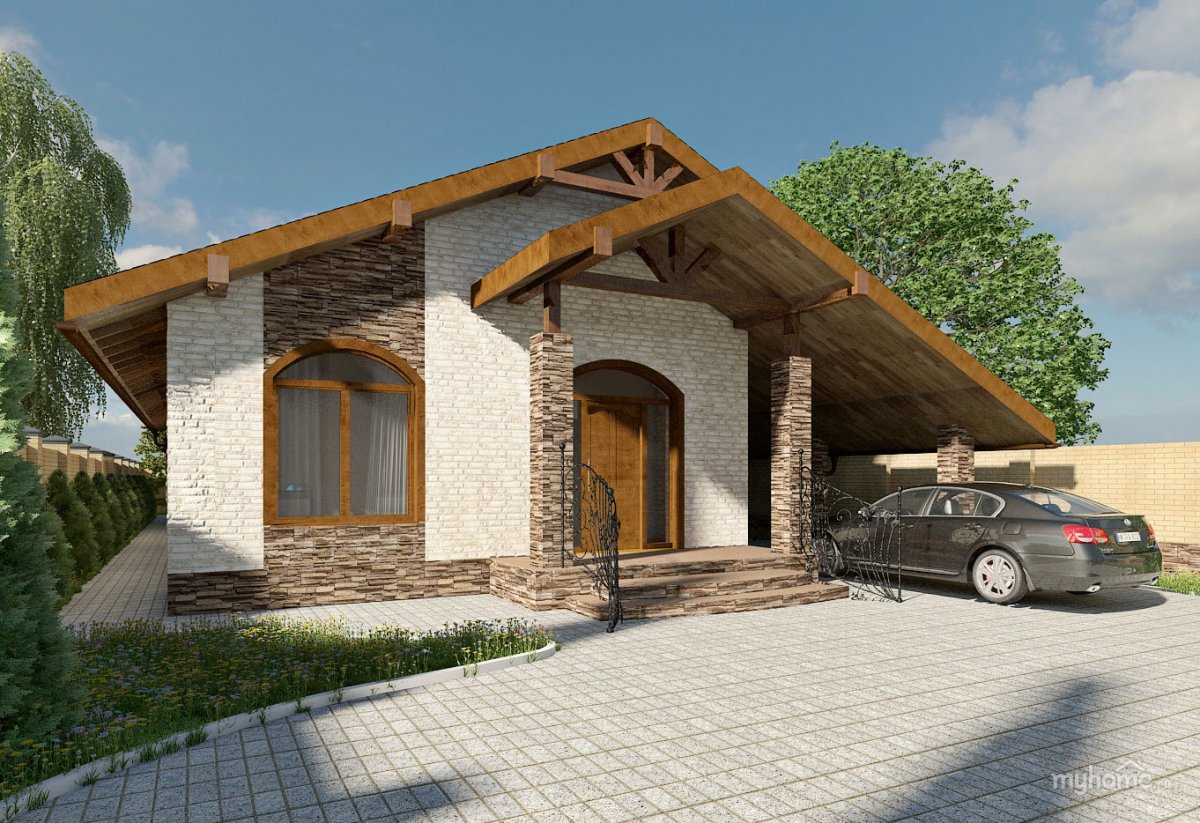 Дом с навесом для машины и террасой