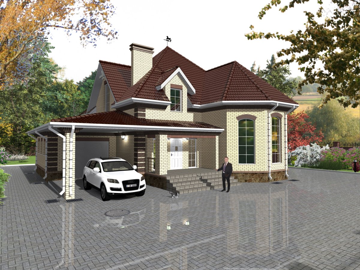 Одноэтажный дом с гаражом и навесом для машины