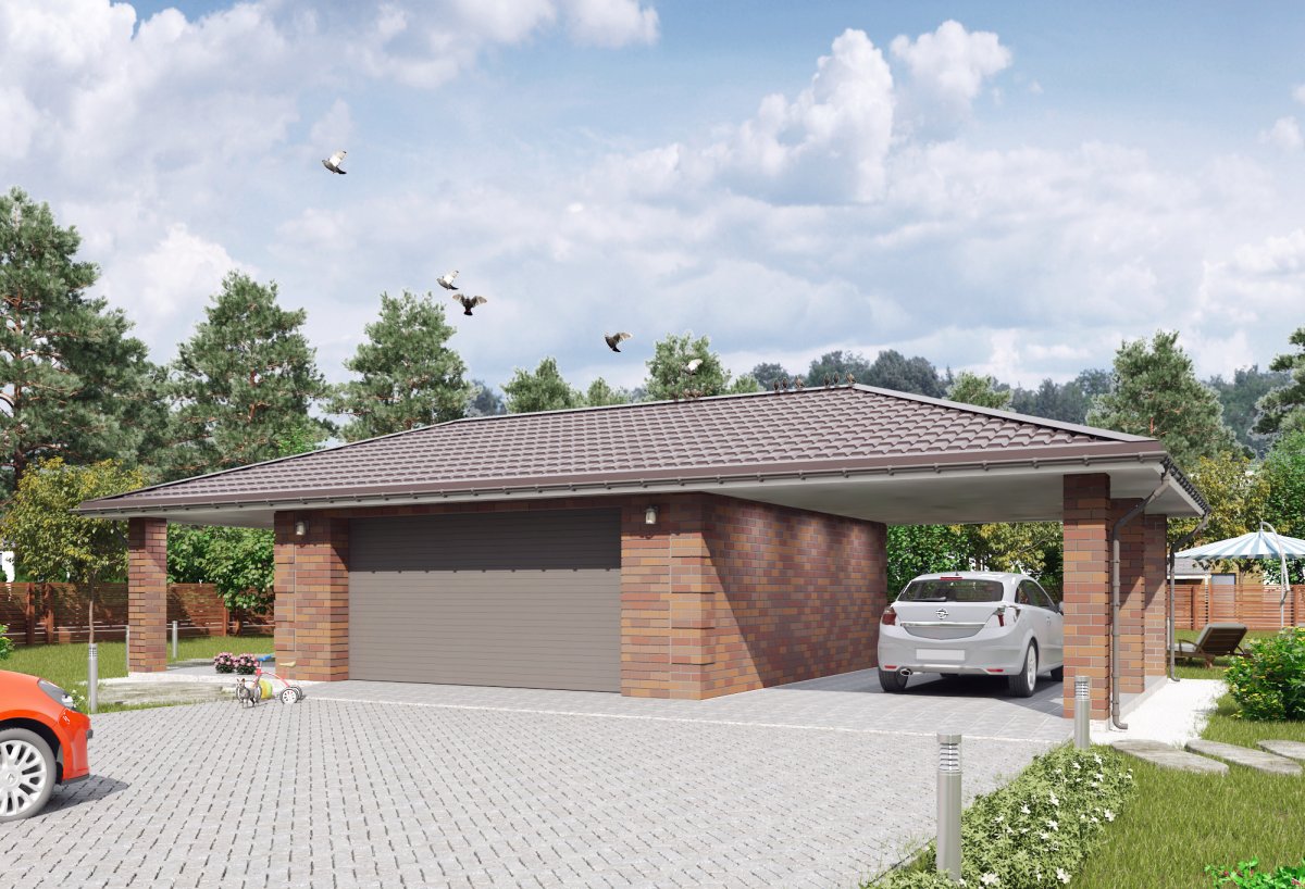 Двухэтажный дом с навесом для машины