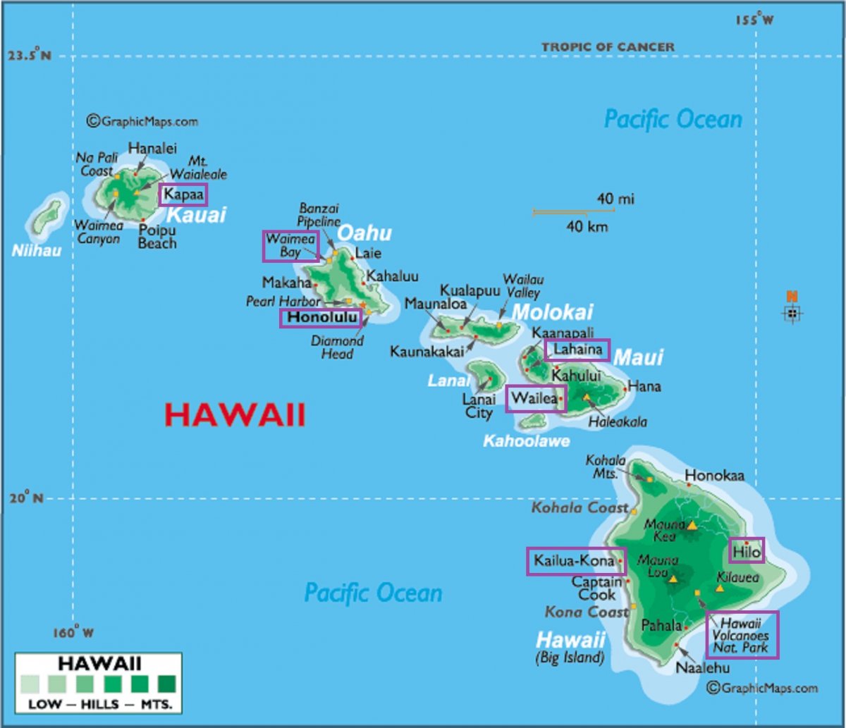 Гавайские острова карта Перл Харбор