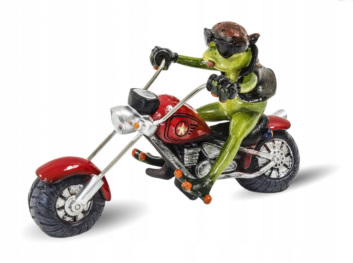 Садовая фигурка лягушки на мотоцикле
