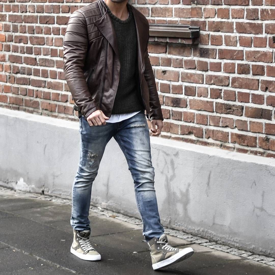 Кожаная куртка джинсы кеды