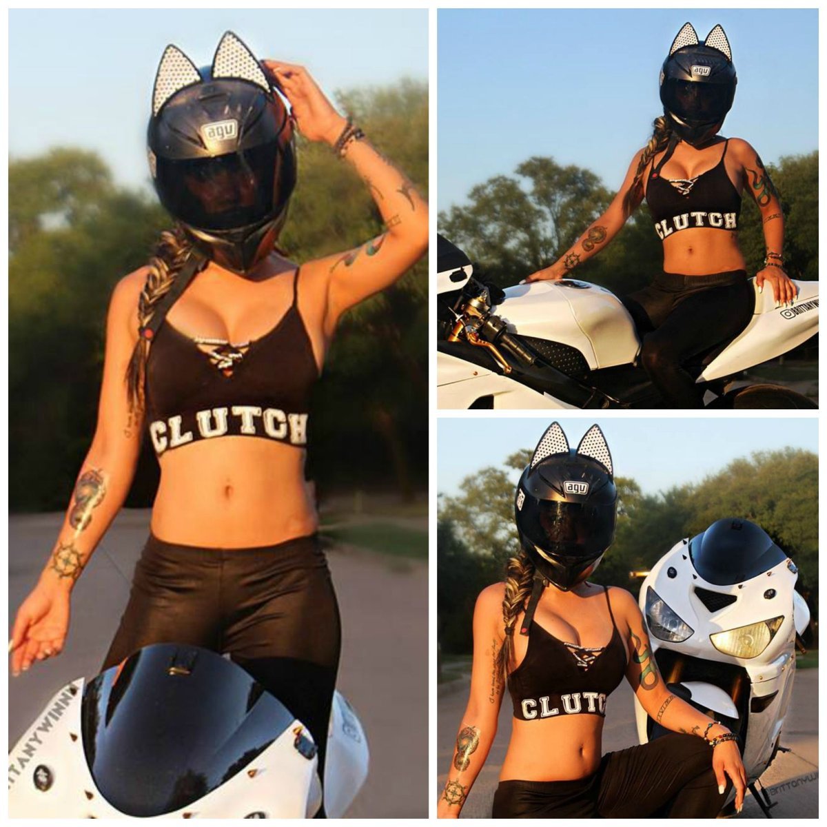 Девушка на мотоцикле в шлеме с ушками