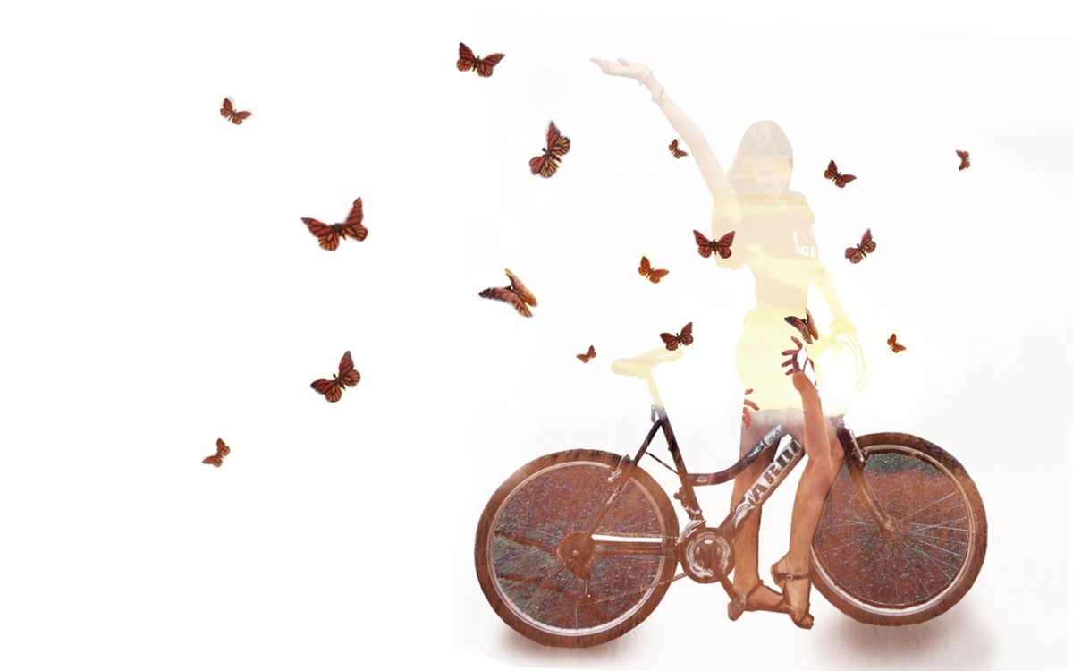 Девушки на велосипеде с бабочками