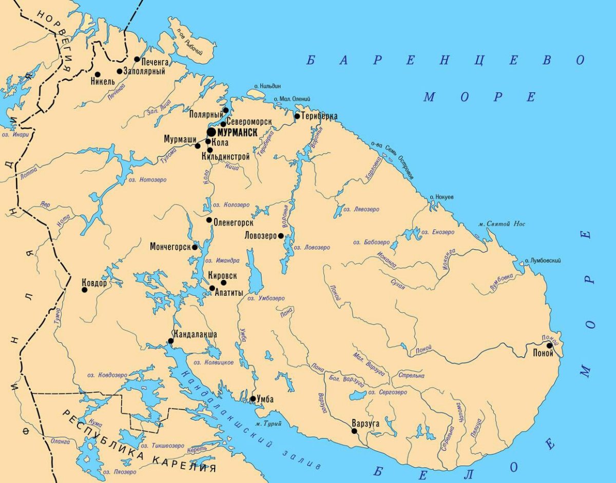 Карта Кольский полуостров Мурманская область