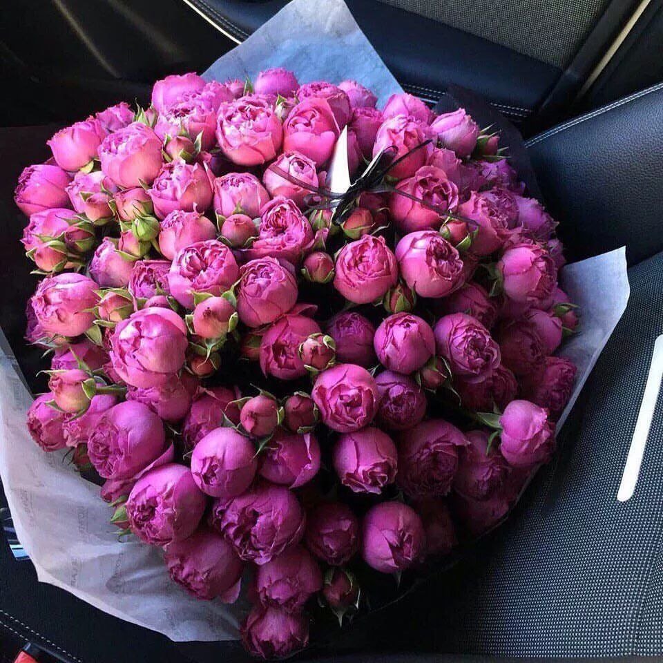 Красивый букет пионов в машине