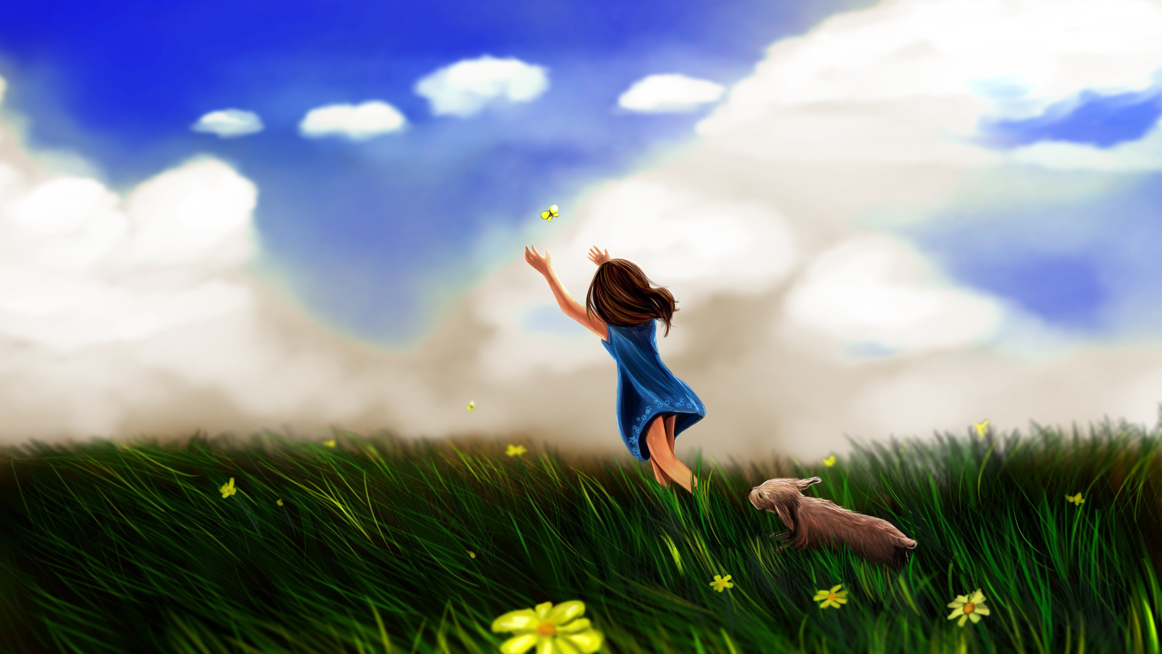 Люди мечтают о лете. Девочка бежит. Девочка бежит по полю. Радостные иллюстрации. Девочка с бабочкой.