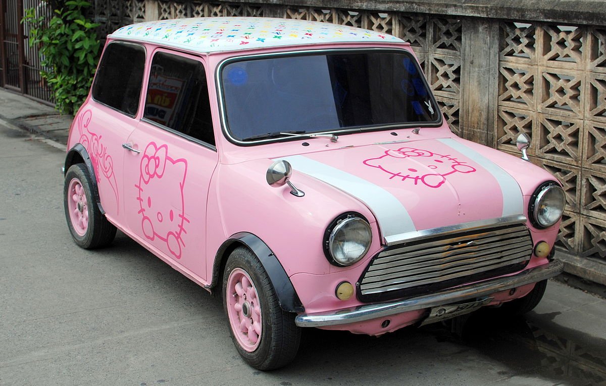 Машина хеллоу. Машина hello Kitty Mini Купер. Розовая машина с Хеллоу Китти. Машина Хелло Китти розовая. Мини Купер колхоз.