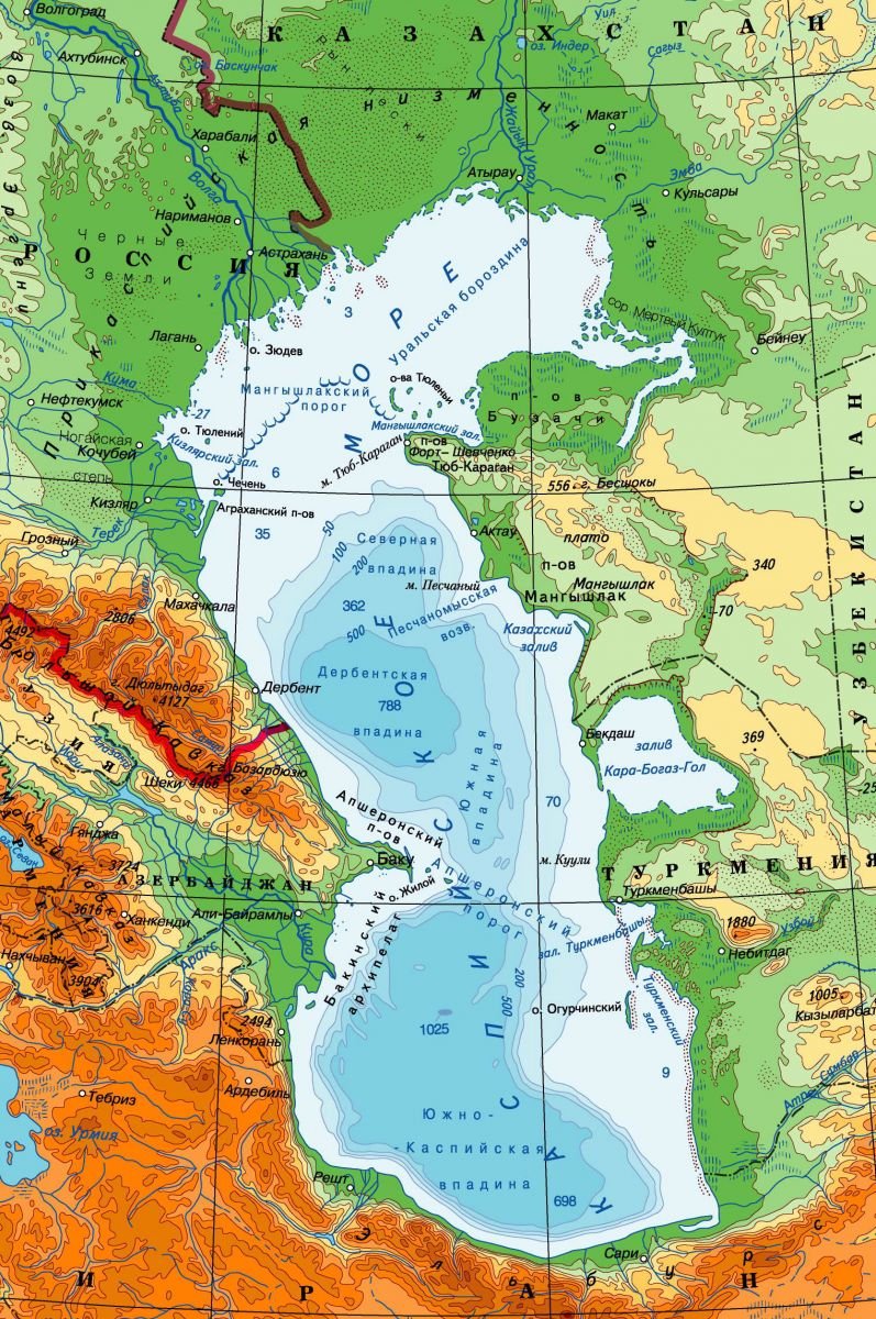 Карта Каспийского моря с городами