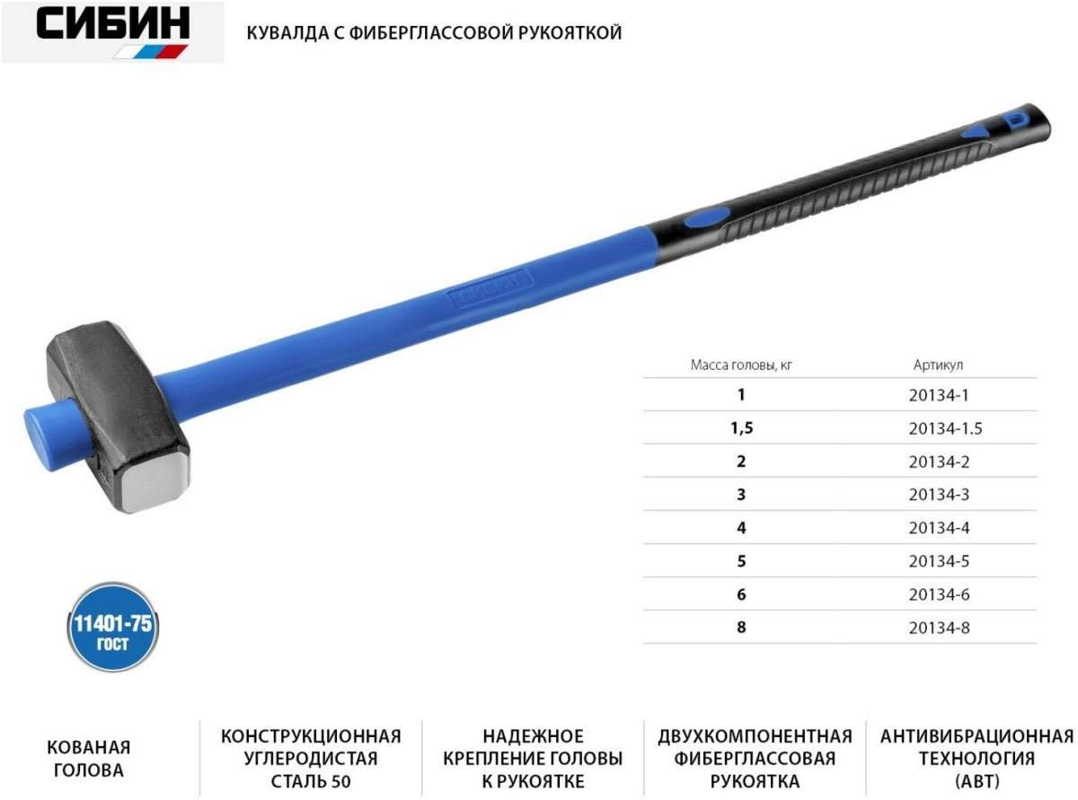 Кувалда СИБИН С фиберглассовой рукояткой, 1.5 кг 20134-1.5