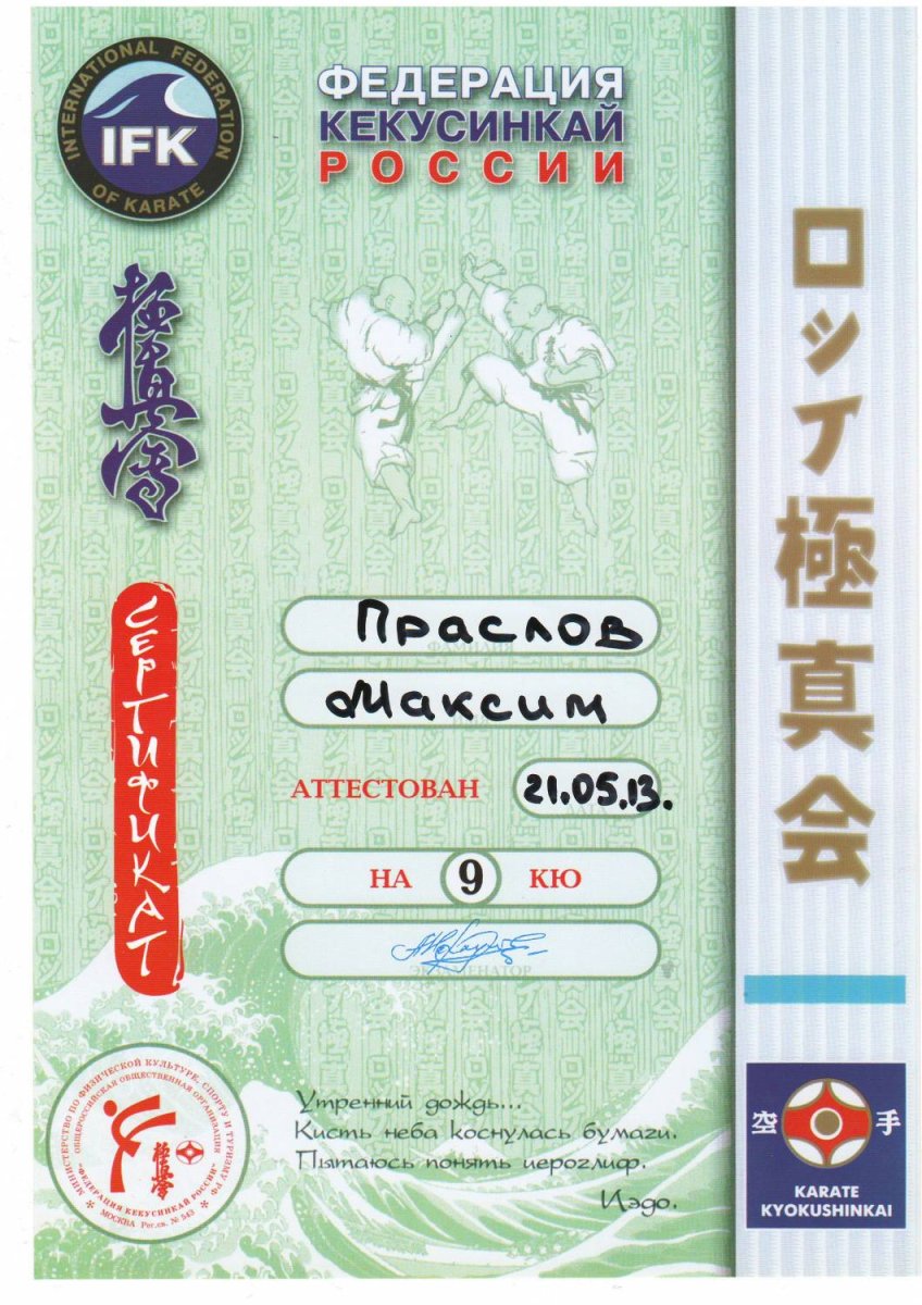 Сертификат киокусинкай каратэ