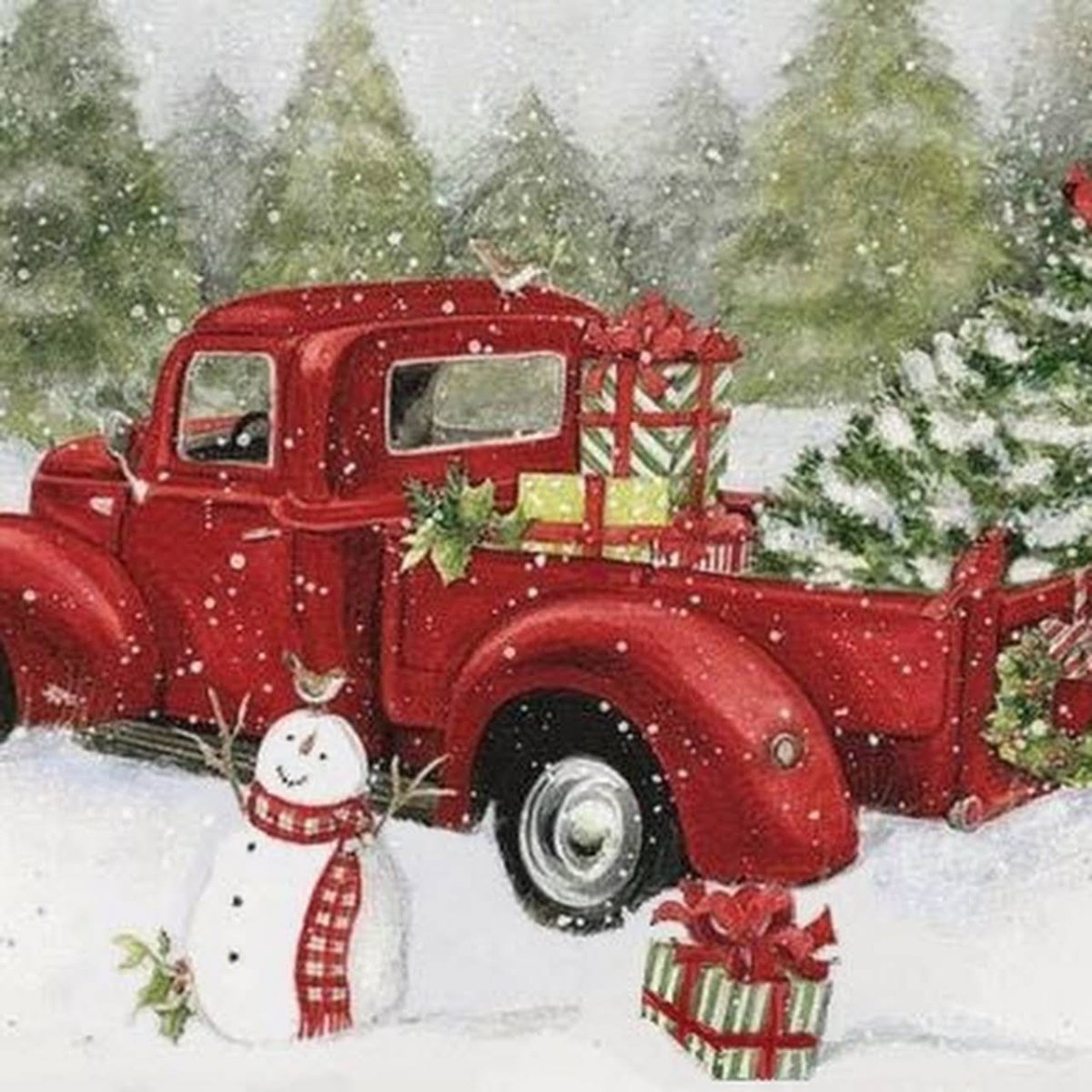 Картина с красной новогодней машиной