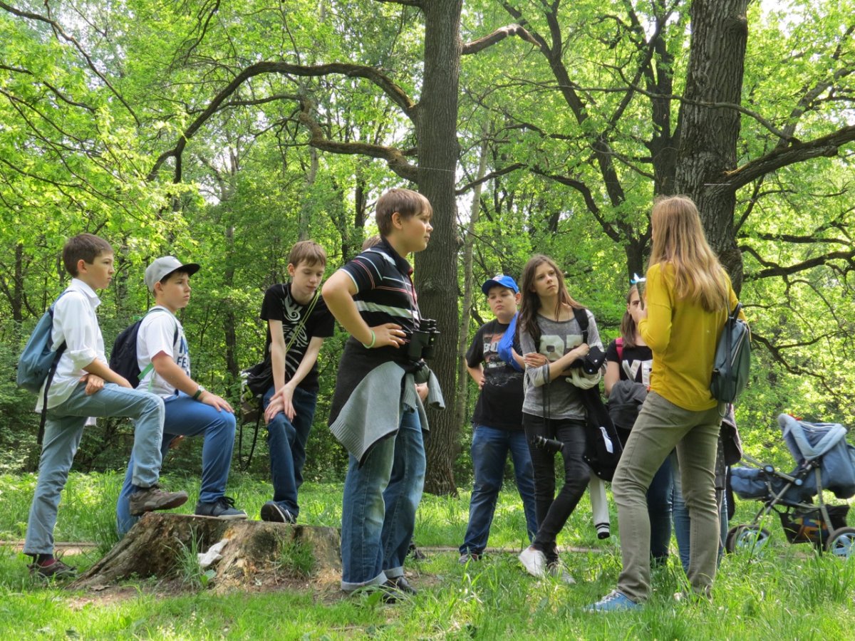 Школьники на экскурсии в парке