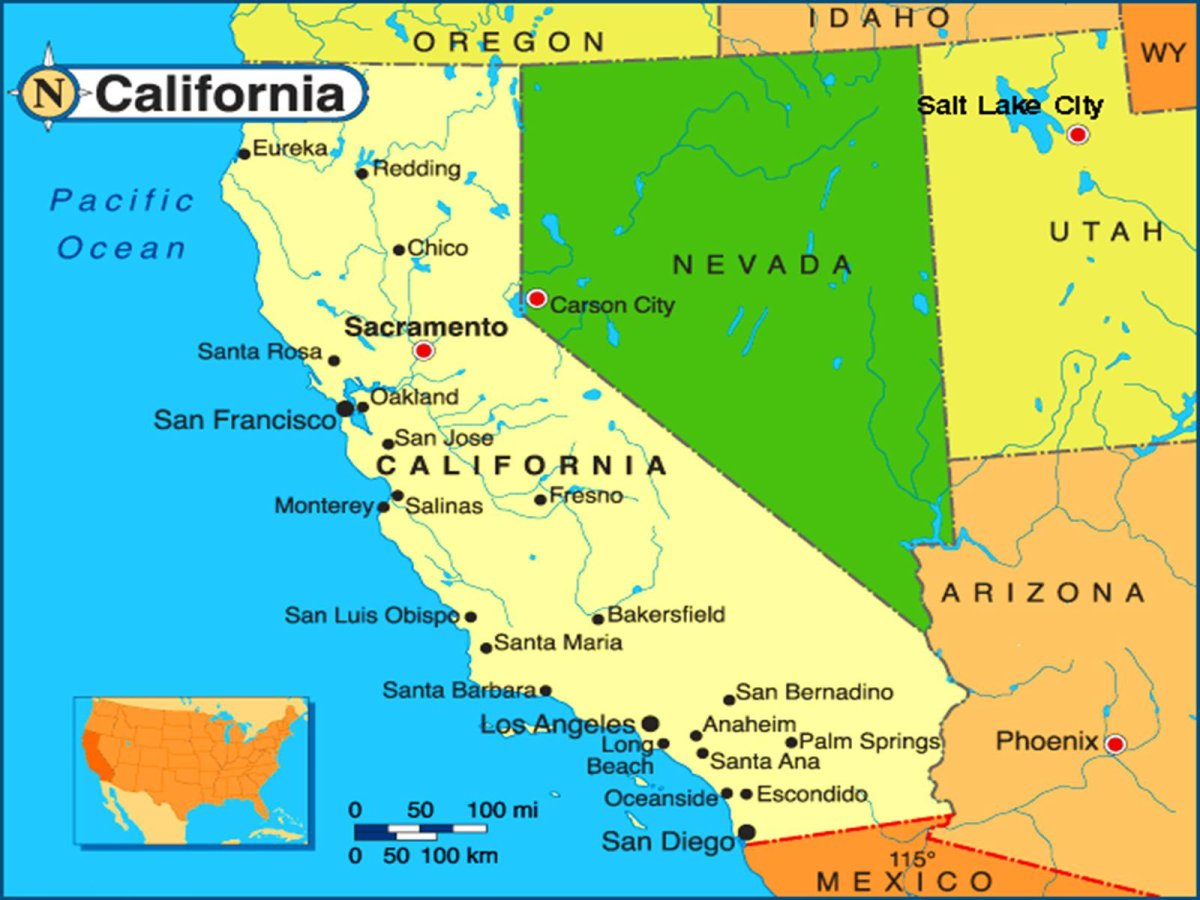 Штат Калифорния на карте Америки
