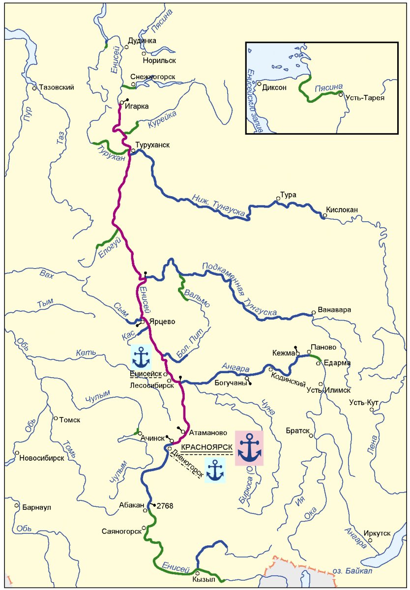 Река Ангара и Енисей на карте